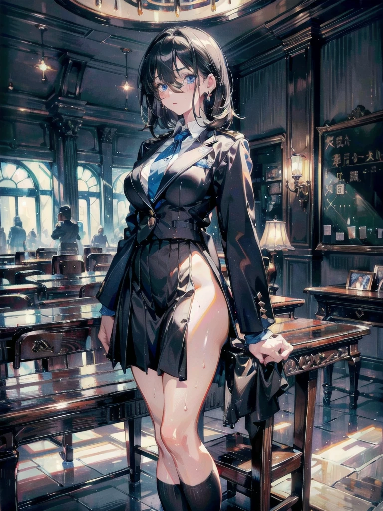 absurdres, RAW photo, extremely delicate and beautiful, masterpiece, Best Quality, ultra high resolution, 32k, hyperrealistic, ultra-detailed, perfect anatomy, super Detailed skin, perfect figure, Super Beauty, Perfect Style, Perfect balance, 20 years old, very Slim body, narrow waist, very small head, very small face, delicate facial features, detailed face, detailed eyes, tearful mole, earring, very huge round breasts, legs, medium hair, whole body shot, indoor, ((school_uniform)), blazer, wet clothes,