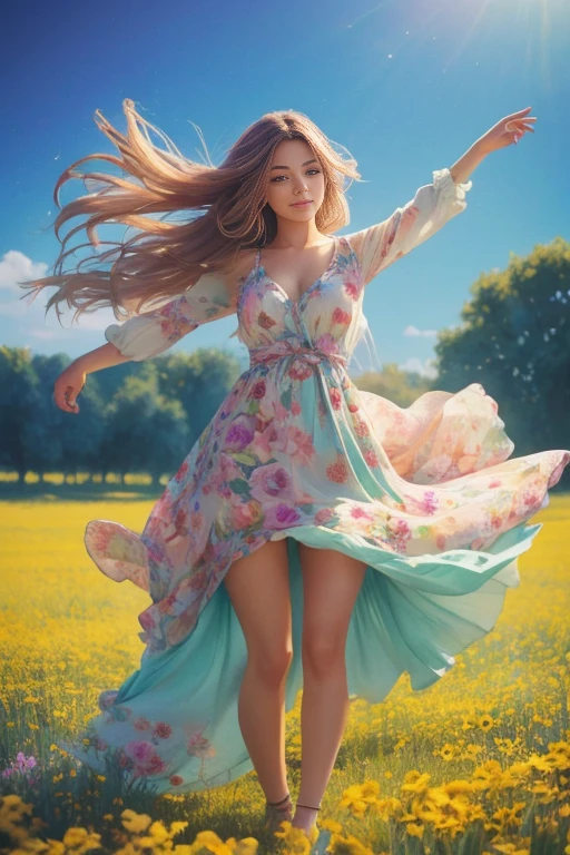 A whimsical girl with long, flowing hair made of flowers, dancing in a field of vibrant colors. Rendered in a dreamy, watercolor style.