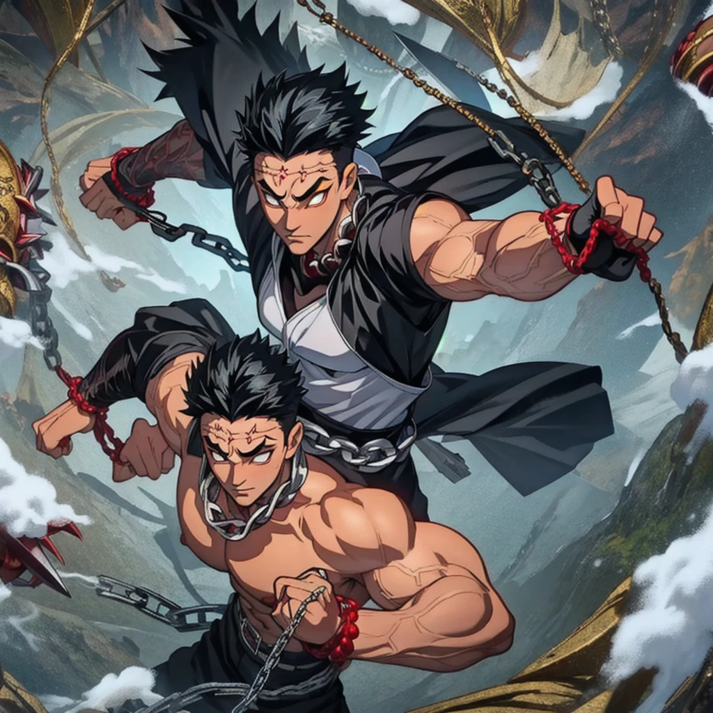 1male, Black hair, white eyes, Gyomei Himejima (best quality, masterpiece: 1.4), Fight position, ready to fight, fighting pose, mad, huge body, swinging chains, spiked chain, axe chains