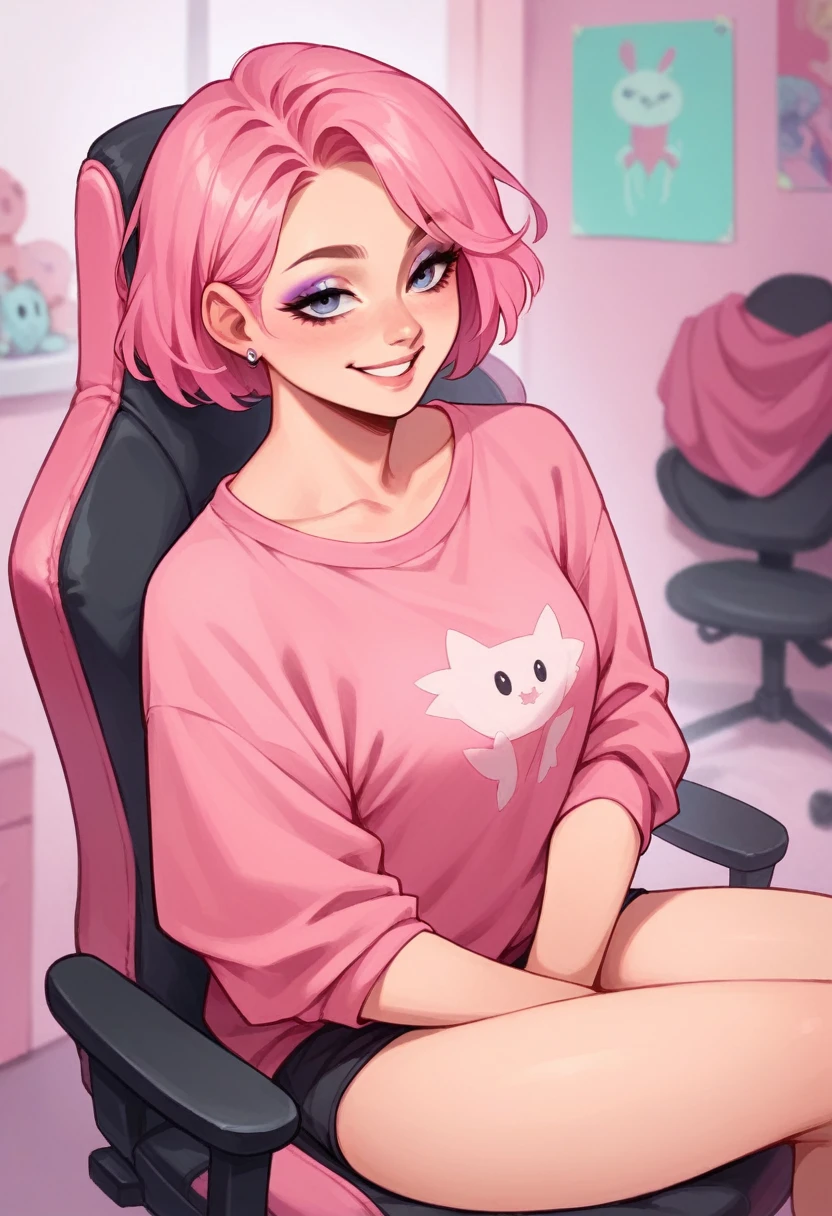 Masterpiece, 1girl, pink gaming chair, sitting, pink shirt, smile, short hair, pink hair, makeup, pink room