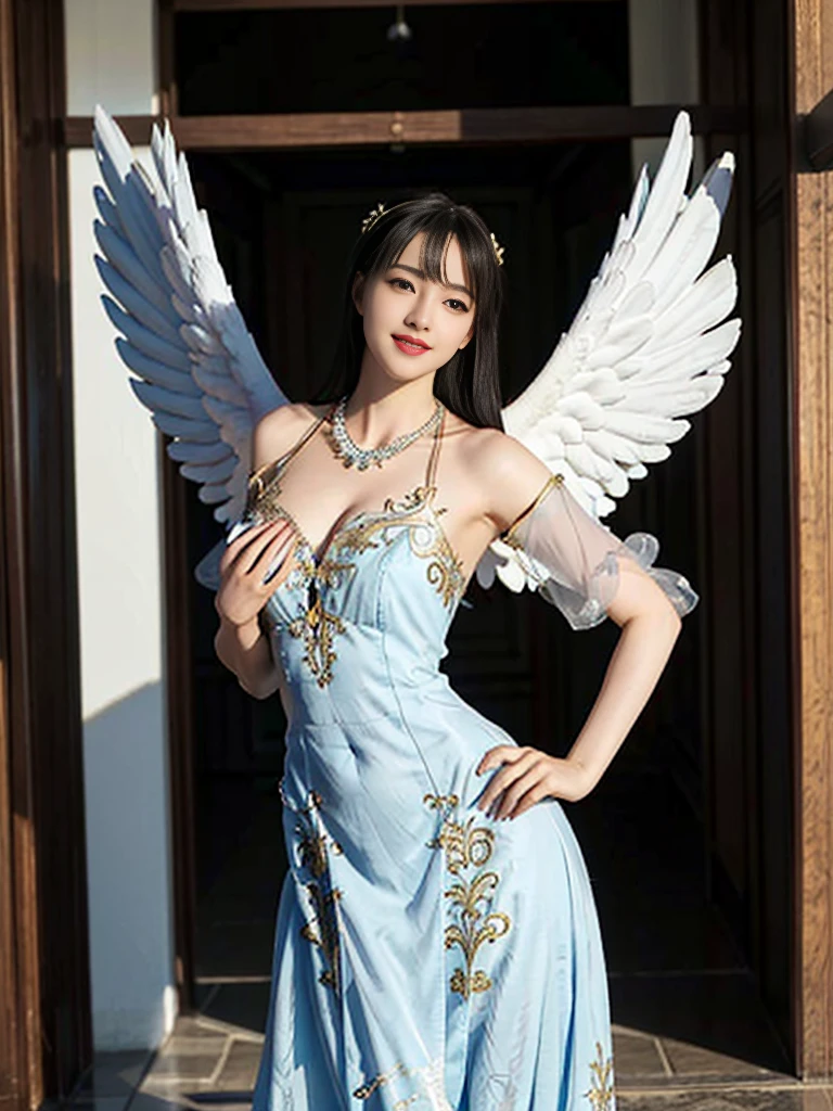 ((Very beautiful angel queen,The final form as a perfect angel, the masterpiece of an angel,Huge and intricate angel wings,The most dignified wings,Golden light,shining background,The most opulent and holy temple background,White and gold temple background,King of Angels, The most dignified angel, ((extremely detailed beautiful dresses)), (Intricate and solemn dresses, Light blue and gold embellishment dress on white, Light blue and gold dress on white base), (The most intricate and beautiful dresses, dresses decorated with some expensive jewels), ((extremely detailed gorgeous jeweled necklace)), Complex and majestic angel figure, The most intricately depicted figure of an angel, The World's Most Beautiful, Unimaginable beauties, (slim figure, attractive body shape, divine atmosphere), (smooth thin hair very fluttering in the wind, shiny hair), Intricate reproduction of the perfect angelic detail, The figure of an unimaginably gorgeous angel, The figure of an unimaginably huge angel)),((Most beautiful face, Half Japan and half Spanish, The biggest happy smile, The most luxurious and intricate dresses, The biggest smile looking at the camera)), Beautiful firm cleavage, beautiful clavicle, (Beautiful firm medium breasts), (Elegant standing figure, Fold your hands in front of your navel,)),Chest that seems to burst, Giant wings of angels, The background is the appearance of a perfect angel castle,Masterpiece,8K,very intricate, ultra detailliart, captivating and visually stunning piece of fractal art featuring, created by a renowned artist, vibrant colors. Formal artistic quality with strong aesthetic appeal.