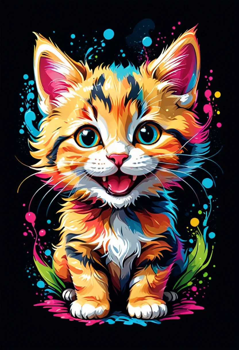  Vector art for t-shirt design, of a colorful illustration of a smiling kitten, transparent background, t-shirt design. (Art Work, UHD Quality, Realistic Quality, 32k Details, Professional, Perfect Composition, Very Aesthetic, Absurdity, Super Detailed, Intricate Details:1.3)