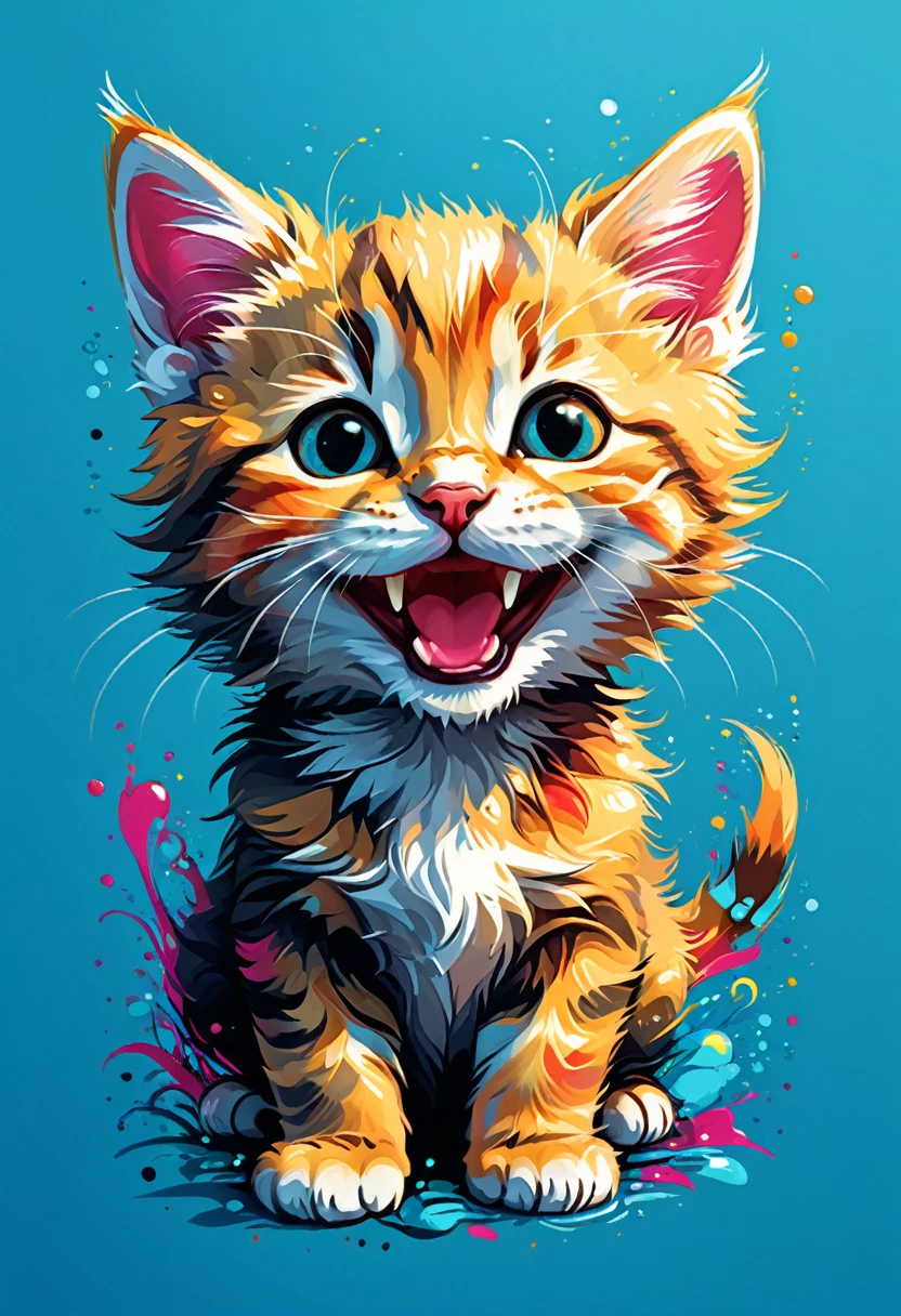 Vector art for t-shirt design, of a colorful illustration of a smiling kitten, transparent background, t-shirt design. (Art Work, UHD Quality, Realistic Quality, 32k Details, Professional, Perfect Composition, Very Aesthetic, Absurdity, Super Detailed, Intricate Details:1.3)