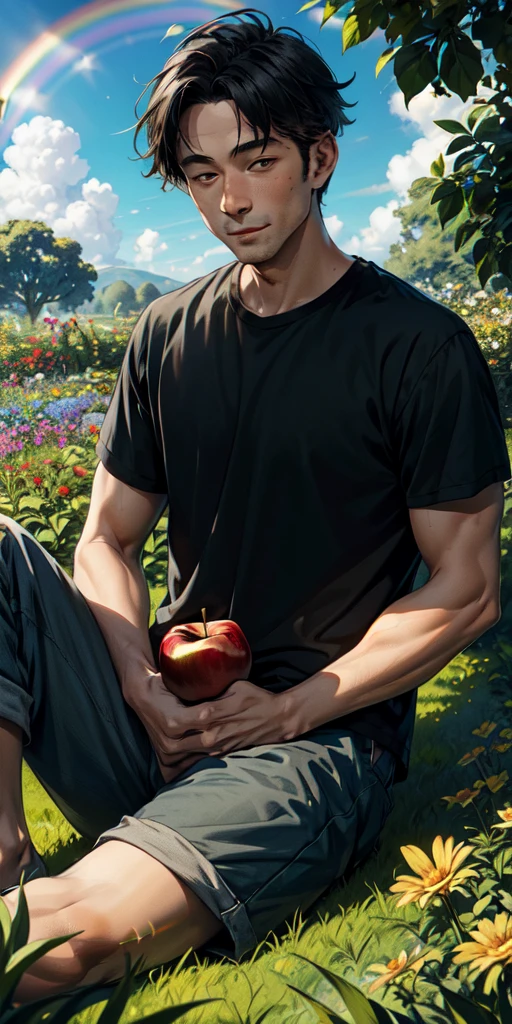 {
  "prompt": "A two-year-old boy sitting in a lush, green, and flower-filled garden. He is holding an apple in his left hand and taking a bite out of it. It is a sunny day with a rainbow in the background, and there is a black and white painted dog behind him.",
  "size": "1024x1024"
}