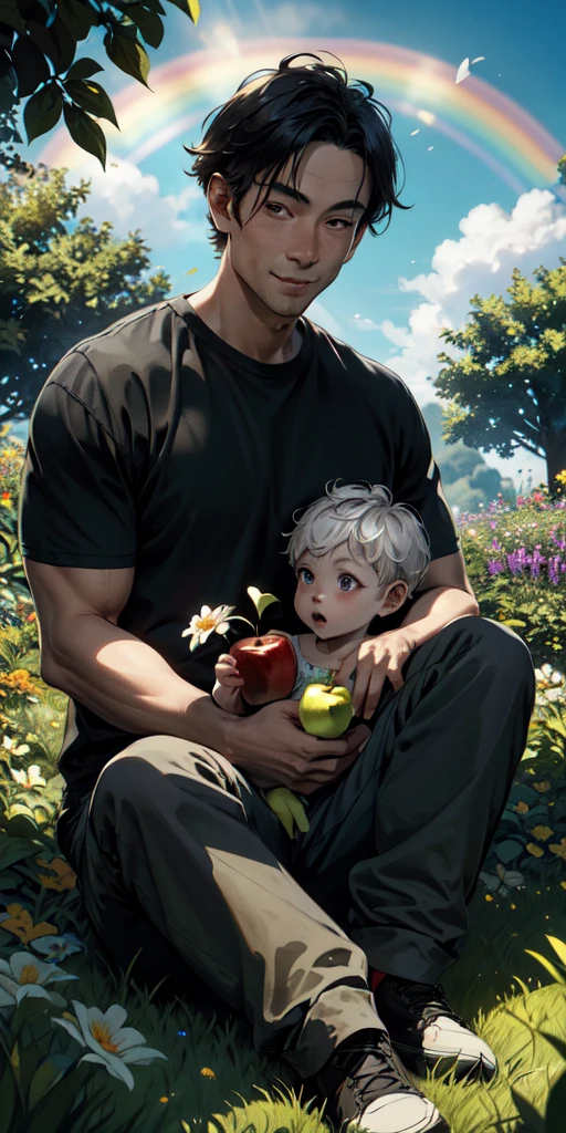 {
  "prompt": "A two-year-old boy sitting in a lush, green, and flower-filled garden. He is holding an apple in his left hand and taking a bite out of it. It is a sunny day with a rainbow in the background, and there is a black and white painted dog behind him.",
  "size": "1024x1024"
}