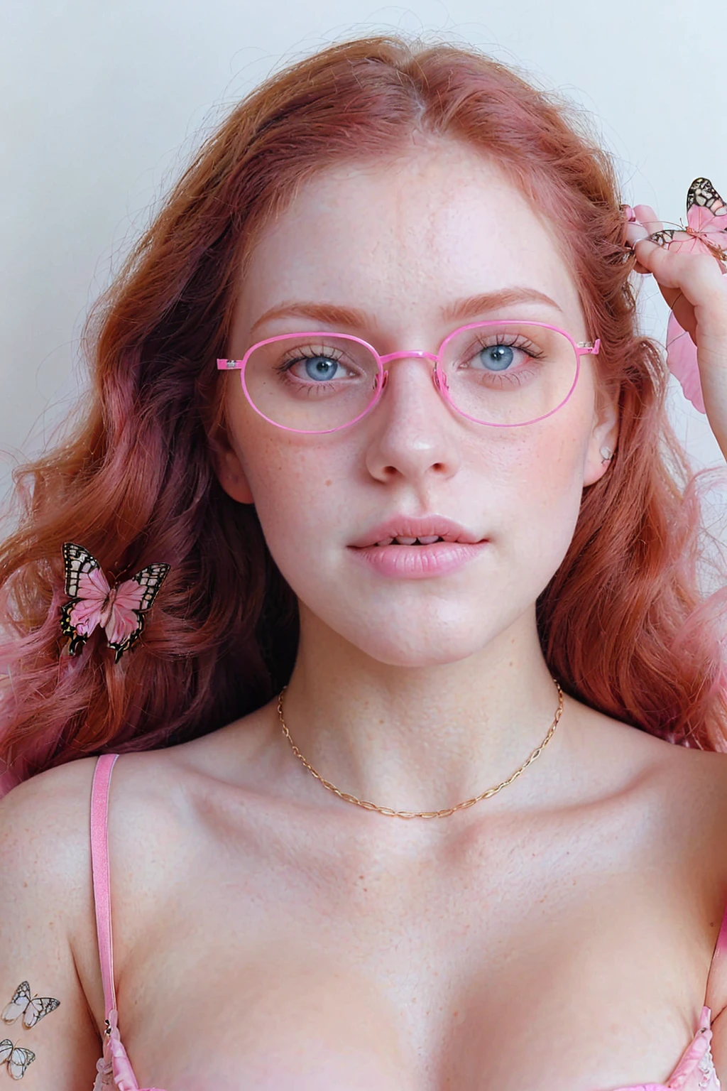 **Analog photography of a redhead girl, 1, with blue eyes, soft makeup, and bold pink puffy lips. Her curly hair frames her very pale skin, highlighting her huge round breasts, she is dressed in a lingerie-set, and gold-wide chains. Oversized eyeglasses(that frame her face), and wears platform-heels on feet.** She is captured on a cute print-blanket, (her mouth is slightly open, her lips almost touching her shoulder), Ethereal atmosphere, The fine art style, attention to details and soft pastel color palette creates a narrative that's both enchanting and delightful. Second Exposure: An overlay of a BUTTERFLIES Description: ((The double exposure creates a magical blend where the girl appears to be part of the natural BUTTERFLIES flowers-symbolizing the harmony between humanity and nature. The Chemistry-print background give the image a scientific-like quality)). ((from the above view)). (((in a NEON pink/INDIGO colors palette theme))) ((CLOSE UP SHOT, WITH HER BOLD PINK LIPS)), ((FROM THE ABOVE VIEW))