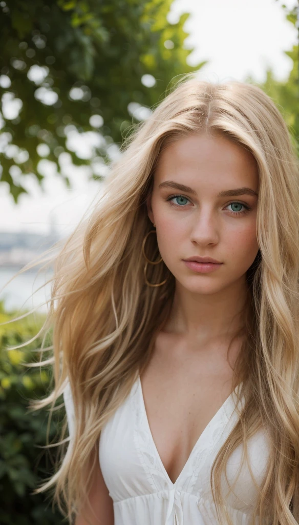 A photorealistic portrait of a 19-year-old Swedish girl with long, flowing blonde hair, striking green eyes, and tanned skin. She should have a natural, approachable expression and be illuminated by soft, golden-hour sunlight. The background should be the Eiffel Tower. Capture this image with a high-resolution photograph using an 85mm lens for a flattering perspective