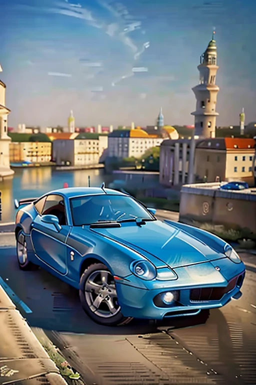 Masterpiece cinematic photo, photograph cinematic photo a futuristic car ultra detailed, ultra sharp, ((best quality, симметрия)), ((masterpiece)), Stands on the embankment of Berlin cityscape background, photograph, film, bokeh, professional, 16k , oil painting,