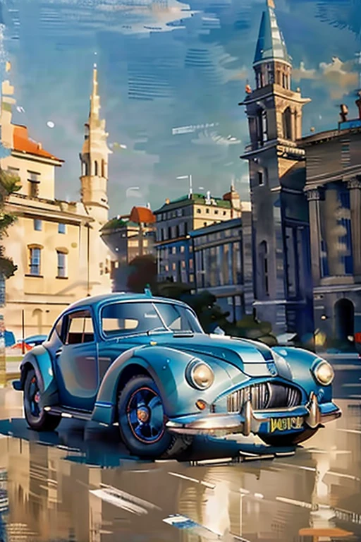 Masterpiece cinematic photo, photograph cinematic photo a futuristic car ultra detailed, ultra sharp, ((best quality, симметрия)), ((masterpiece)), Stands on the embankment of Berlin cityscape background, photograph, film, bokeh, professional, 16k , oil painting,