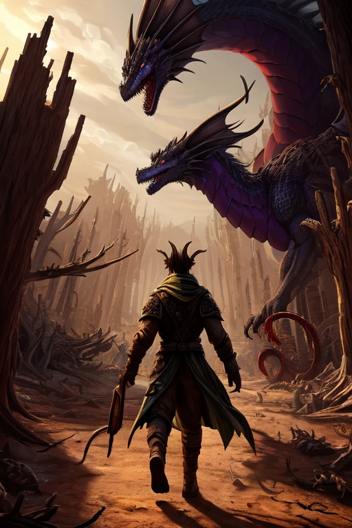 ((best quality)), ((masterpiece)), (detailed), dragon eldritch, large and tall, tendrils coming from the sides of their head, walking through a desolate land of skulls, dirt and broken trees, walking through a dimension portal, full body, line art