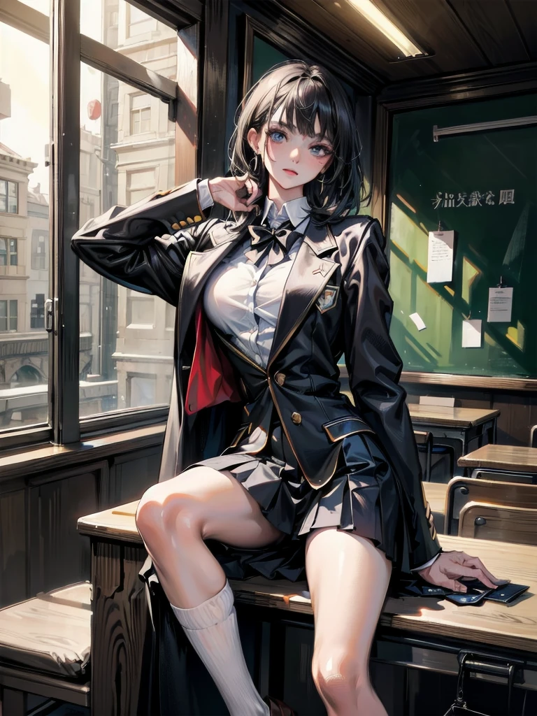 absurdres, RAW photo, extremely delicate and beautiful, masterpiece, Best Quality, ultra high resolution, 32k, hyperrealistic, ultra-detailed, perfect anatomy, super Detailed skin, perfect figure, Super Beauty, Perfect Style, Perfect balance, 20 years old, very Slim body, narrow waist, very small head, very small face, delicate facial features, detailed face, detailed eyes, tearful mole, earring, very huge round breasts, legs, medium hair, whole body shot, indoor, ((school_uniform)), blazer, wet clothes,
