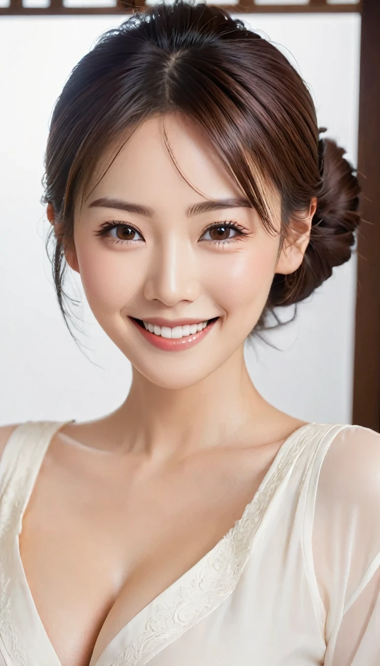 Beautiful 30 year old Japanese woman、Cowboy Shot、Bun Hair、Dark brown eyes、detailedな目、detailedな虹彩、detailedな顔、Brown Hair Color、Beautiful Hair、Big smile (Facing the viewer)、business suit、Perfect business makeup、Glossy Lips、Shooting in front of the door、Portrait、Exquisite details、Depth of written boundary、(detailedな顔: 1.2)、(detailedな目: 1.2)、(detailedな背景)、(Gradation)、Shiny skin、Sharp focus、8k、uhd、high quality、Exquisite details、非常にdetailedな、Captivating silhouette、(Very beautiful face: 1.2)、Facing the viewer、Mature Woman、Mature Woman、((Center image))、detailed、masterpiece、Full body photo、