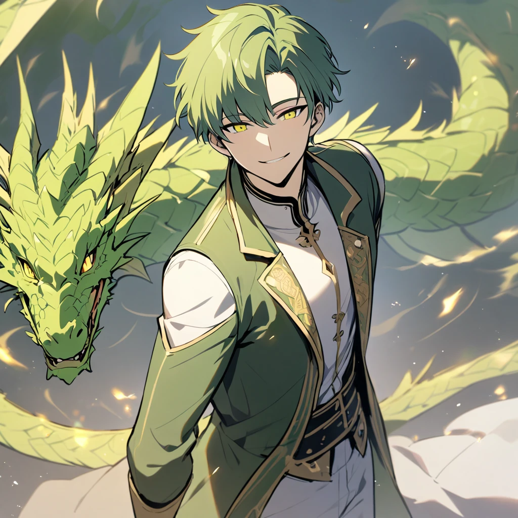 Handsome, solo, male, short hair, green hair, green  and yellow eyes, smile facial, white shirt, white pant, green and gold coat, green dragon 