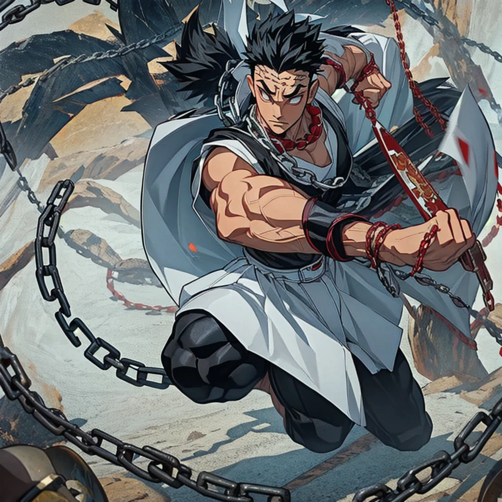 1male, solo, Black hair, white eyes, Gyomei Himejima (best quality, masterpiece: 1.4), Fight position, ready to fight, fighting pose, mad, huge body, swinging chains, spiked chain, axe chains