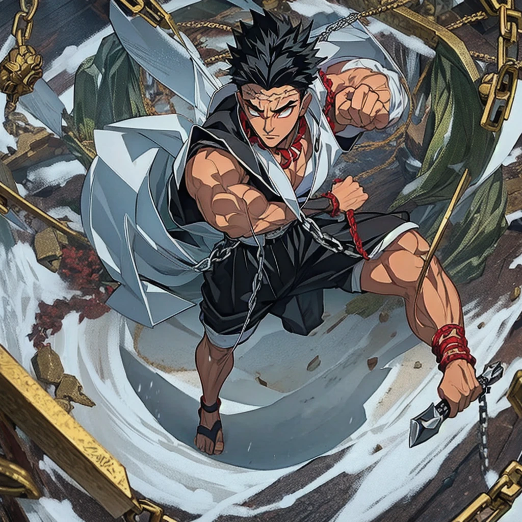 1male, solo, Black hair, white eyes, Gyomei Himejima (best quality, masterpiece: 1.4), Fight position, ready to fight, fighting pose, mad, huge body, swinging chains, spiked chain, axe chains