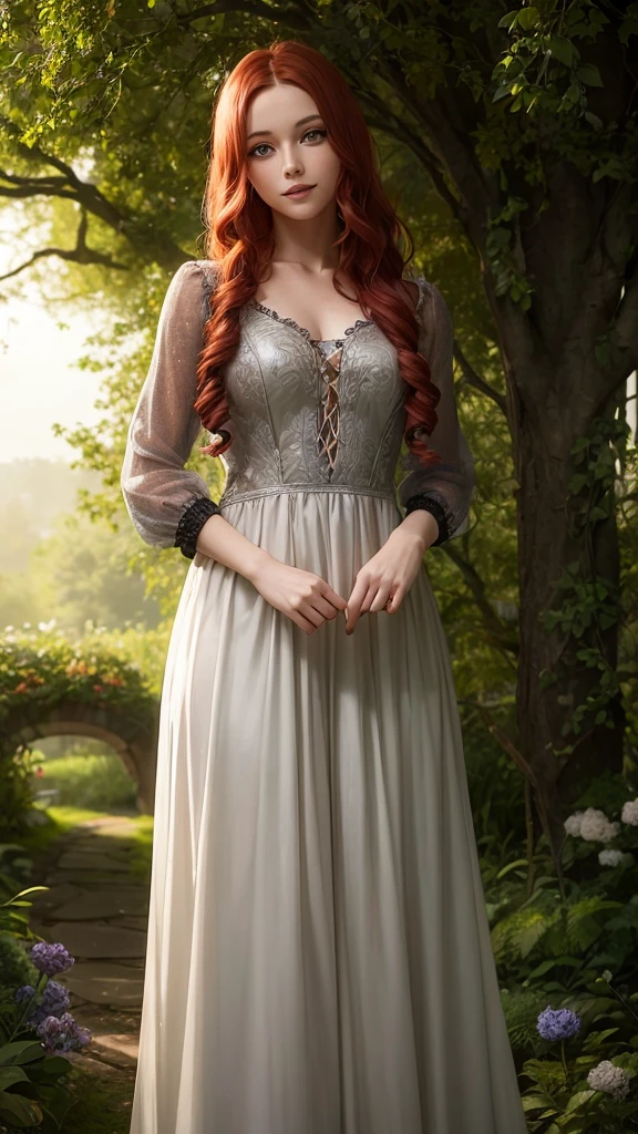 A 25-year-old realistic witch woman with curly red hair and a slight smile stands in a magical, enchanted garden under soft natural light