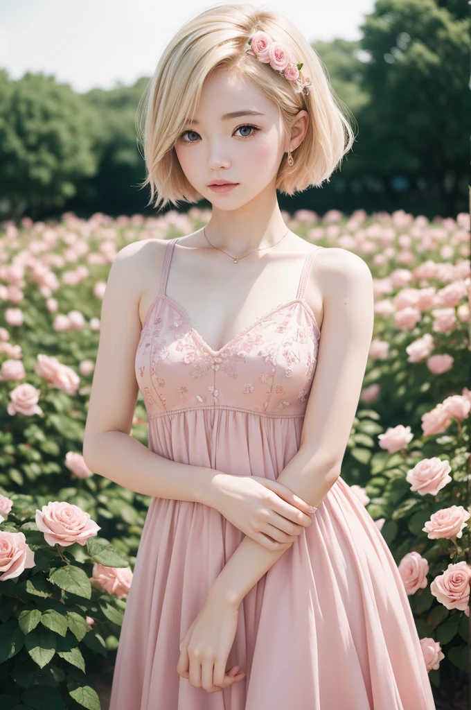 8k, CRU photo, Fujifilm, style photo of a beautiful young woman like Avril in a light pink rose garden (highly detailed skin: 1.2) Style-Petal BREAK short hair, blonde hair with colored highlights, wearing a dress, film grain, 35mm, cute style