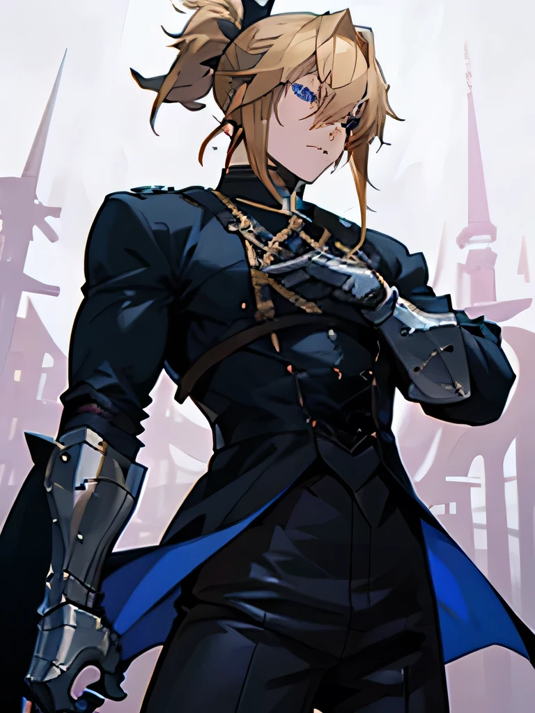 anime attractive man, muscular, knight, 20 year old, blond hair in a very short ponytail, blue eyes, black pants, black vampire hunter outfit