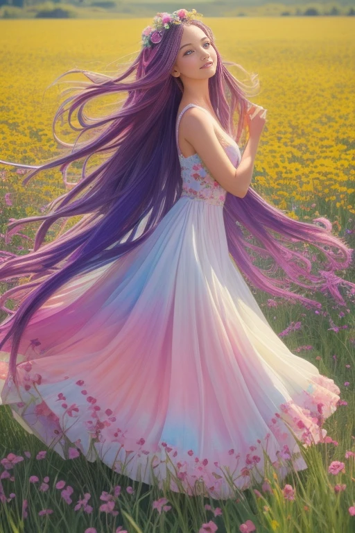 A whimsical girl with long, flowing hair made of flowers, dancing in a field of vibrant colors. Rendered in a dreamy, watercolor style.