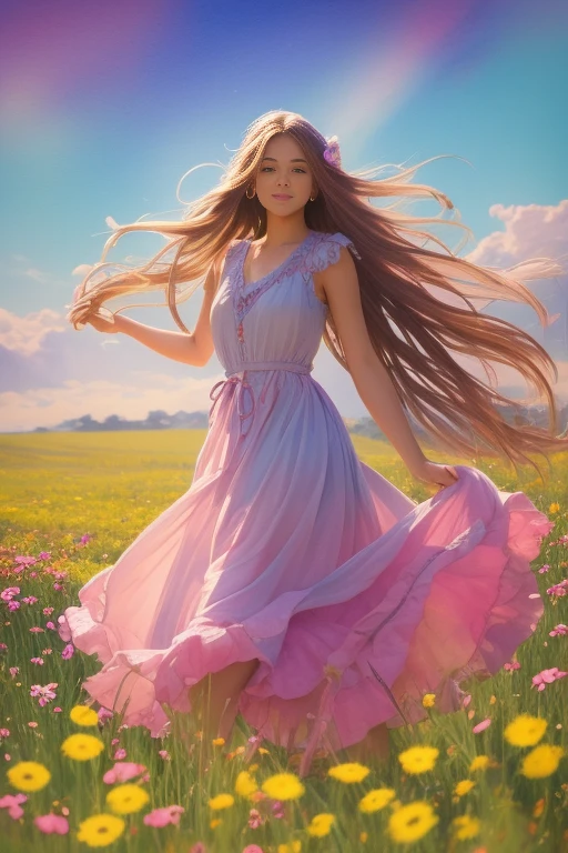 A whimsical girl with long, flowing hair made of flowers, dancing in a field of vibrant colors. Rendered in a dreamy, watercolor style.