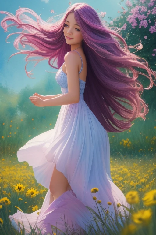A whimsical girl with long, flowing hair made of flowers, dancing in a field of vibrant colors. Rendered in a dreamy, watercolor style.