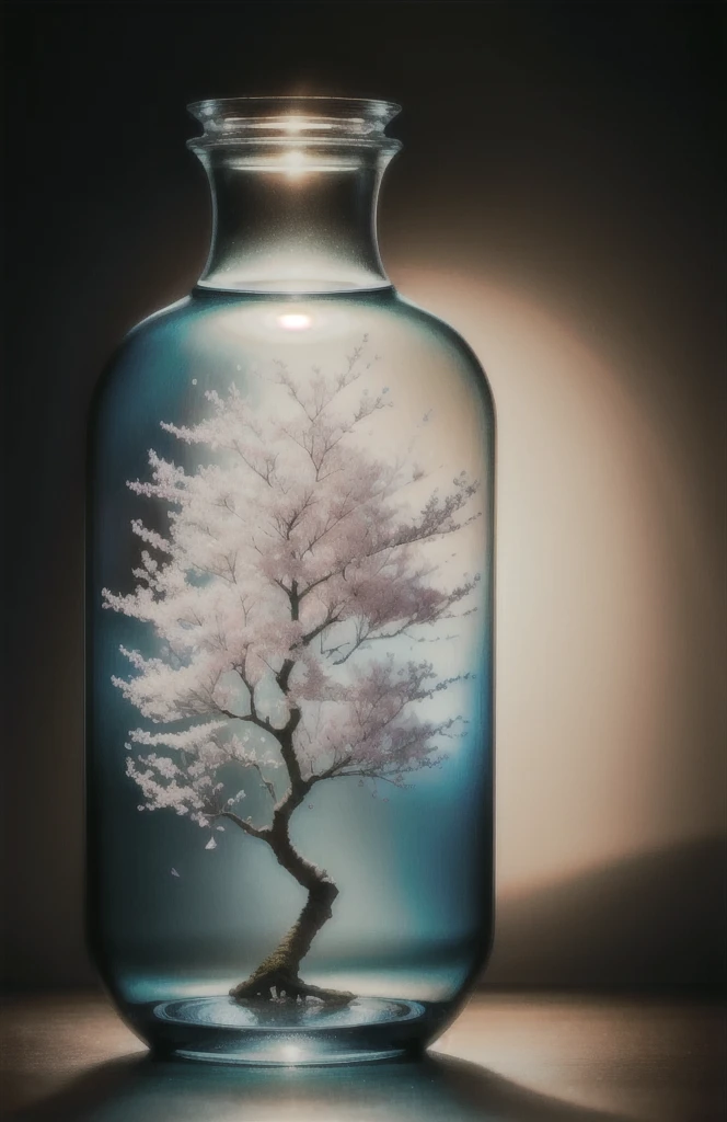 sakura tree in a bottle, fluffy, realistic, atmospheric light refraction, by lee jeffries nikon d850 film stock photograph 4 kodak portra 400 camera f1.6 lens rich colors hyper realistic lifelike texture dramatic lighting unreal engine trending on artstation cinestill 800, Style-Glass