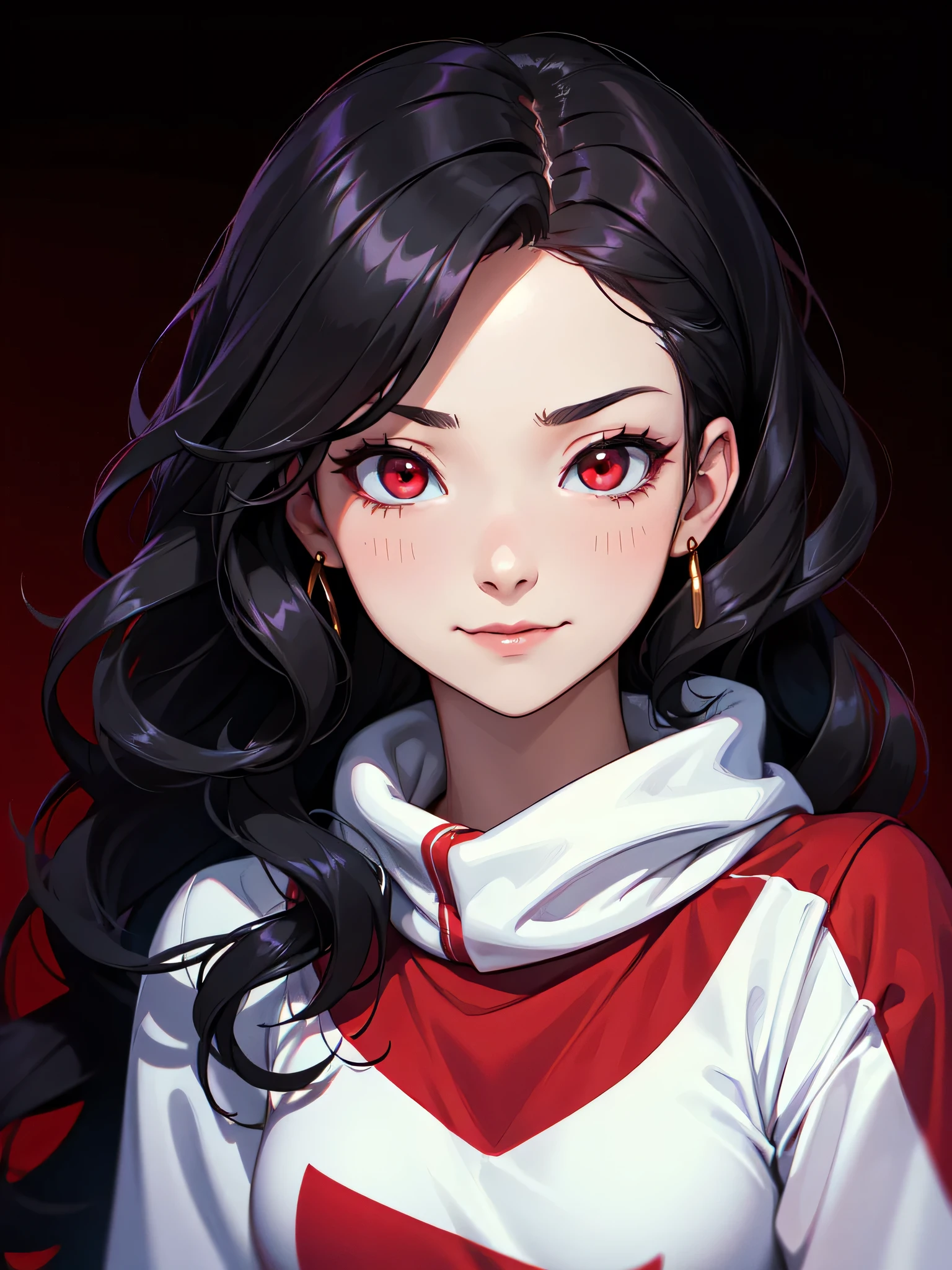 (((Portrait Photo))), She is a Young Girl with a Small, Athletic Build, and a Youthful Charm. She has Long, Wavy, Black Hair, Styled in Loose Waves that Flow Wildly. Her Intense Red Eyes Express a Silly and Happy Look, Giving Off a Childish and Immature Attitude. She Usually Wears an Oversized, Baggy Red Cropped Sweatshirt. (((High Quality, Dark Background))), (((Portrait Photo)))