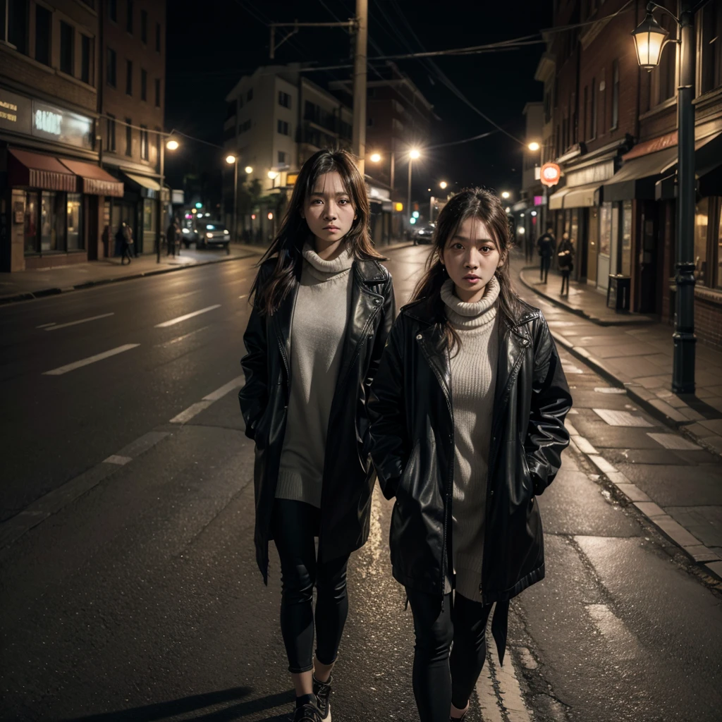 woman standing in the street, looking at the camera, with another woman behind her, tied to the lamp post, scared.