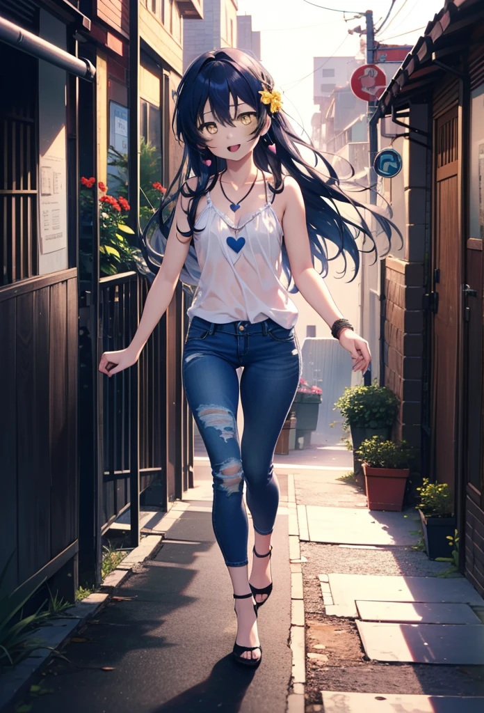 you like it, Umi Sonoda, Long Hair, Blue Hair, (Yellow Eyes:1.5) (Flat Chest:1.2),Blue Tank Top,Heart Necklace,Skinny jeans,Stiletto heels,happy smile, smile, Open your mouth,Walking,Daytime,Clear skies,whole bodyがイラストに入るように,
break outdoors, Building district, break looking at viewer,whole body,
break (masterpiece:1.2), Highest quality, High resolution, unity 8k wallpaper, (figure:0.8), (Beautiful attention to detail:1.6), Highly detailed face, Perfect lighting, Highly detailed CG, (Perfect hands, Perfect Anatomy),