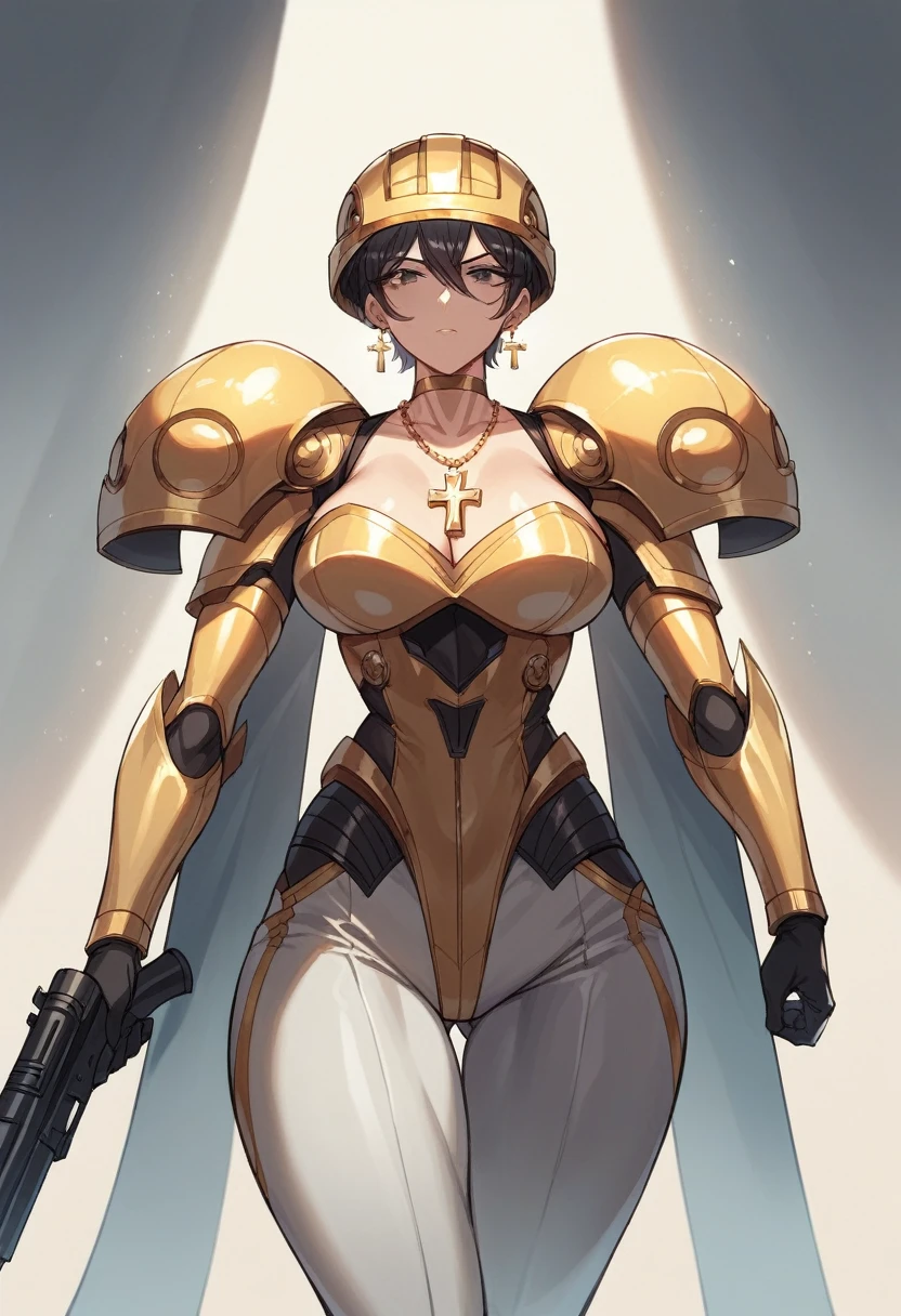 rich woman, short black hair, silver and golden cyber suit, silver and golden cyber helmet, gold earrings, gold cross necklace, 20 years old, tall, short black hair, holding a huge cyber rifle in her hands, shadow details, light details, behind the city that is about to be destroyed, 8K Image quality, background details