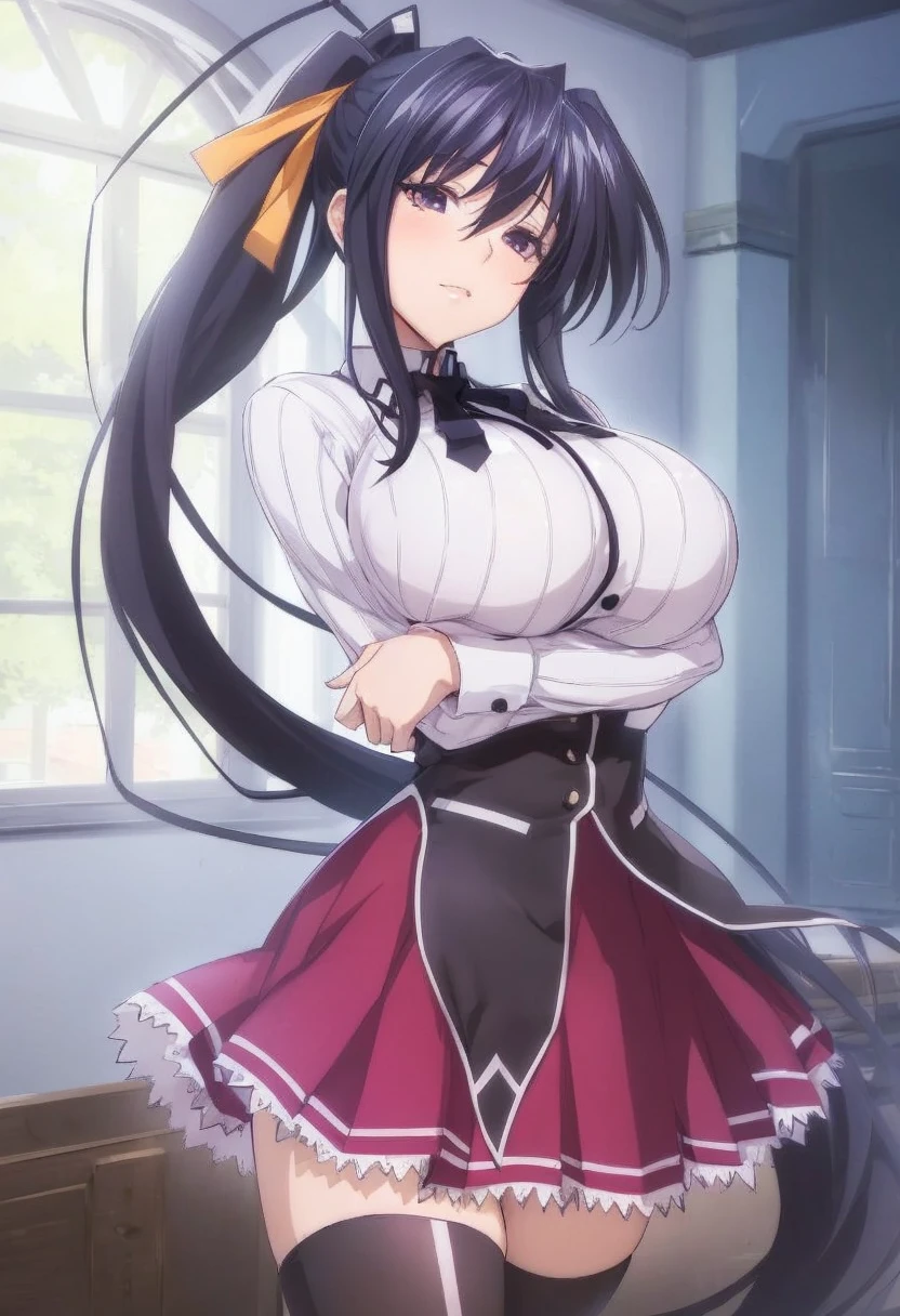 Beautiful woman, akeno himejima, black hair, big breasts, , sitting, sensual pose, surrounded by men