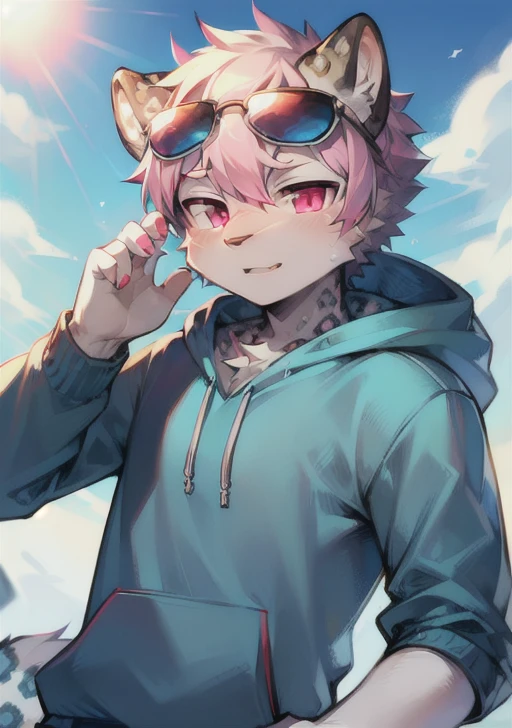 Snow leopard, male, anthro, wears light blue hoodie, pink eyes, sunglasses on head, sunny day, best quality, Masterpiece