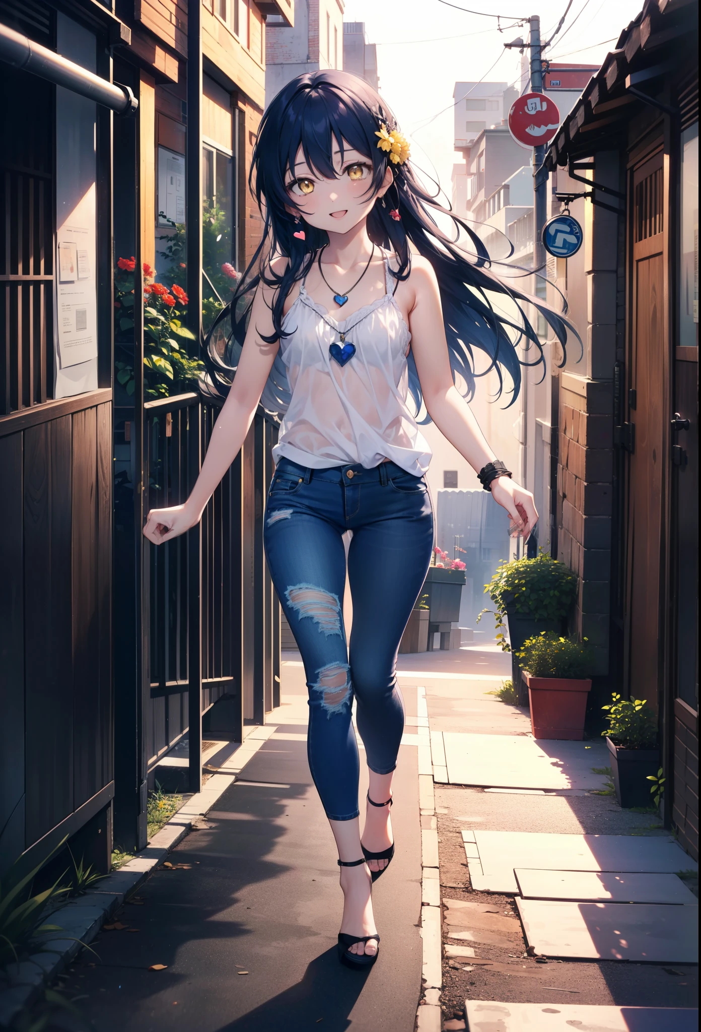 you like it, Umi Sonoda, Long Hair, Blue Hair, (Yellow Eyes:1.5) (Flat Chest:1.2),Blue Tank Top,Heart Necklace,Skinny jeans,Stiletto heels,happy smile, smile, Open your mouth,Walking,Daytime,Clear skies,whole bodyがイラストに入るように,
break outdoors, Building district, break looking at viewer,whole body,
break (masterpiece:1.2), Highest quality, High resolution, unity 8k wallpaper, (figure:0.8), (Beautiful attention to detail:1.6), Highly detailed face, Perfect lighting, Highly detailed CG, (Perfect hands, Perfect Anatomy),