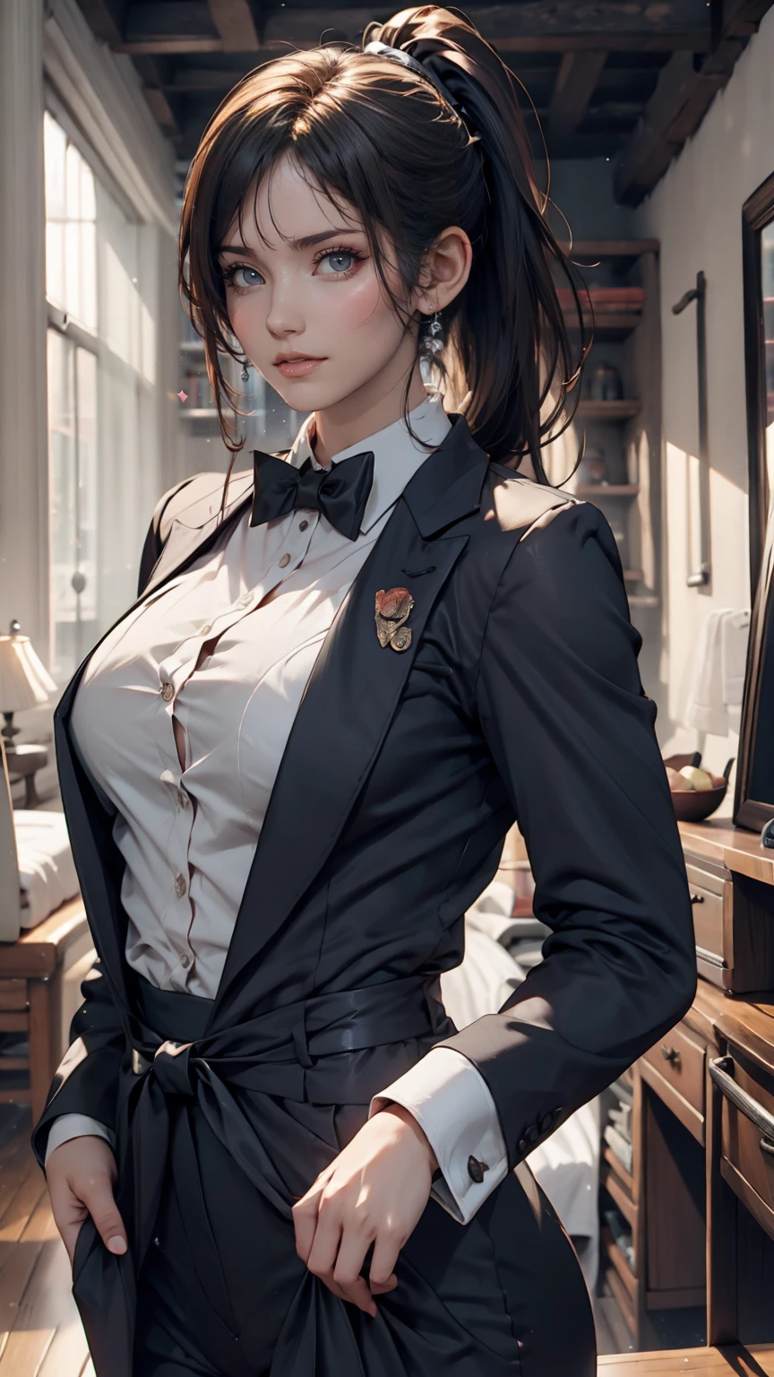 24-year-old female、Long eyelashes、pants suit、A bow tie、Tie your hair back、Narrow waist、Sheer blouse、mature female body、Suit jacket、Folded ponytail((folded ponytail))、Sexy pose