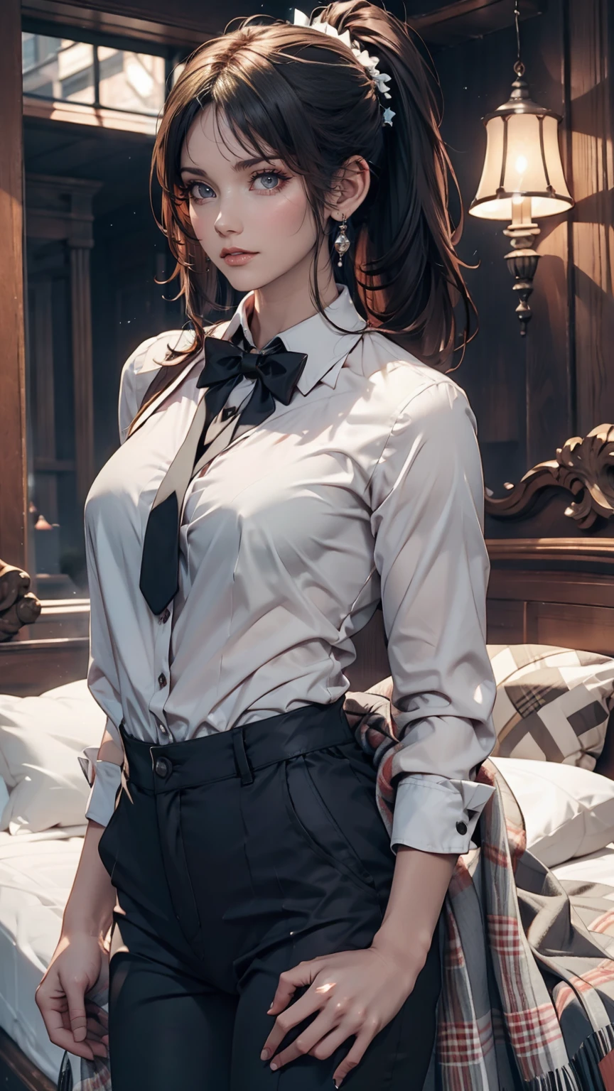 24-year-old female、Long eyelashes、pants suit、A bow tie、Tie your hair back、Narrow waist、Sheer blouse、mature female body、Suit jacket、Folded ponytail((folded ponytail))、Sexy pose