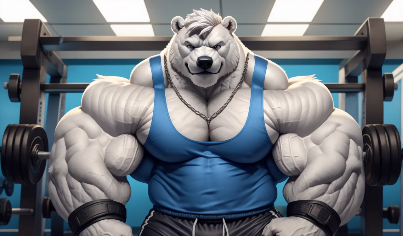 Brock Ólafsson The Huge Muscled Polar Bear, with White Hair, Blue Tank Top, Black Wristbands and Black Gym Shorts, Flexing His Thorax.