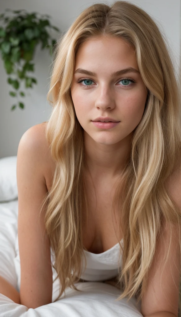 A photorealistic portrait of a 19-year-old Swedish girl with long, flowing blonde hair, striking green eyes, and tanned skin. She should have a natural, approachable expression and be illuminated by soft, golden-hour sunlight. The background should be a cozy indoor setting with the girl lying on a bed. Capture this image with a high-resolution photograph using an 85mm lens for a flattering perspective.