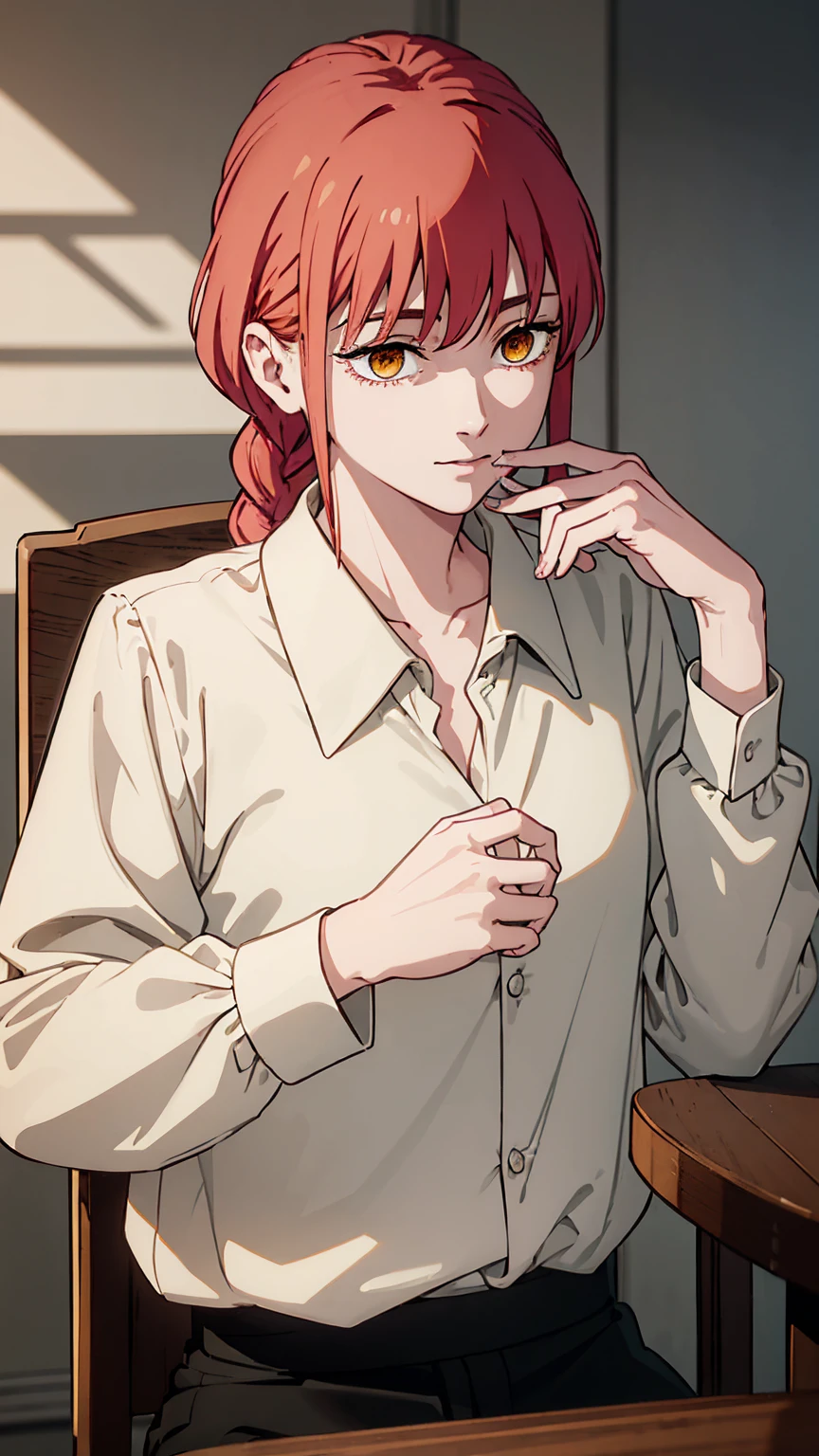 hand, hand, Long Hair, smile, Close your mouth and shake your bangs, Medium chest, (Yellow Eyes:1.2), Braiding, Redhead, Braidinged ponytail, The eyes are round,Woman smoking cigarette, Long sleeve, White shirt,clavicle exposed, clavicle, clavicle visible,, Sit at the table, upper angle, Collared shirt, collared White shirt pants, Black trousers, formal, suit, Tucked in shirt, looking at viewer, break (masterpiece:1.2), Highest quality, High resolution, unity 8k wallpaper, (figure:0.8), (Beautiful attention to detail:1.6), Highly detailed face, Perfect lighting, Highly detailed CG, (完璧なhand, Perfect Anatomy), Plain neck, empty neck, No jewelry, No choker, No neckband, just empty neck