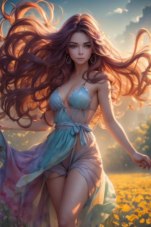 A whimsical girl with long, flowing hair made of flowers, dancing in a field of vibrant colors. Rendered in a dreamy, watercolor style.