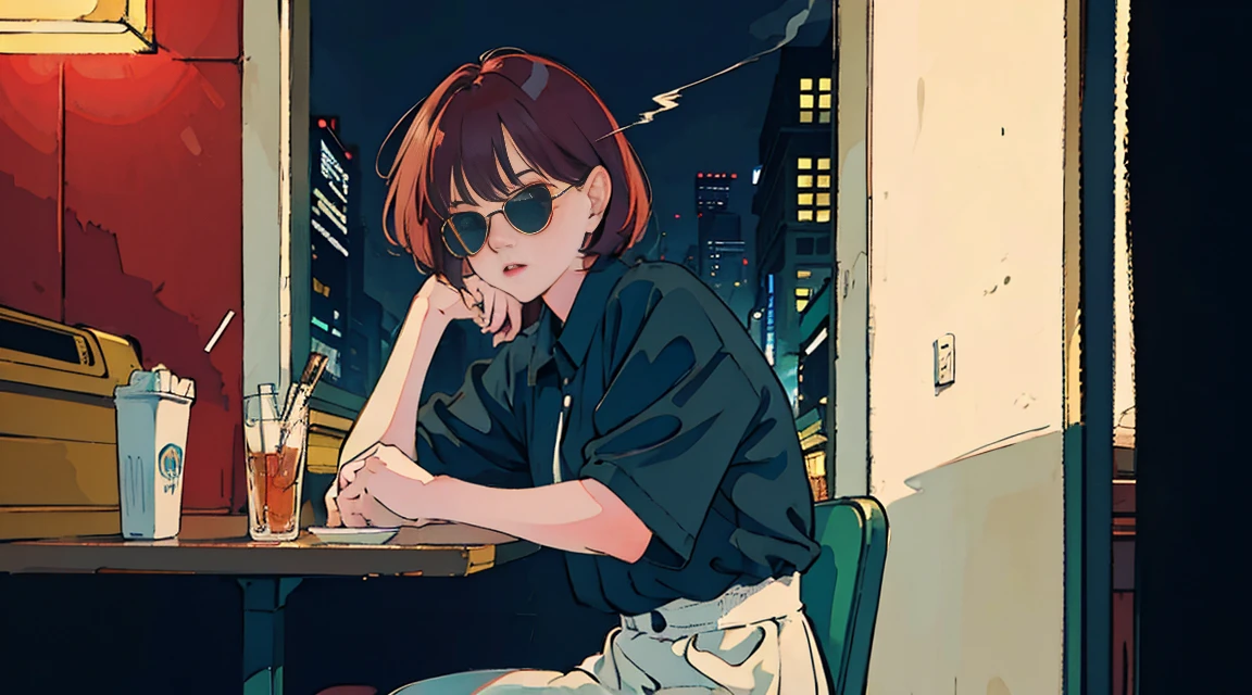Beautiful redhead Asian girl sitting in a diner at night, Visible from the window, Perfect Face, sunglasses, Smoking white Taylormade cigarettes, Neon Black, (Backlit: 1.1), Hard Shadows, masterpiece, Highest quality, Complex, Model shooting style, Vintage, Film Grain, Incomplete details