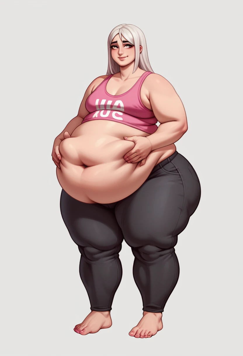 Masterpiece, perfect face, perfect hands, Sunkissed skin all over, Thicc, moobs, pink fingernails and pink toenails, extremely morbidly obese, pink and white hair, ((wearing)), pink tanktop, black pants, detailed feet, voluptuous, feminine boy, femboy, smile, (anatomically correct), (Perfect/ realistic proportions:1.2), (overwhelmingly fat arms, obese face), hands grabbing belly, ((extremely widest hips possible!)), ((extremely massive thick thighs, morbidly large belly), belly overhang!)), (1080P, 4k UHD, Masterpiece:2.1!) ((single)), background: tilted towers_fortnite