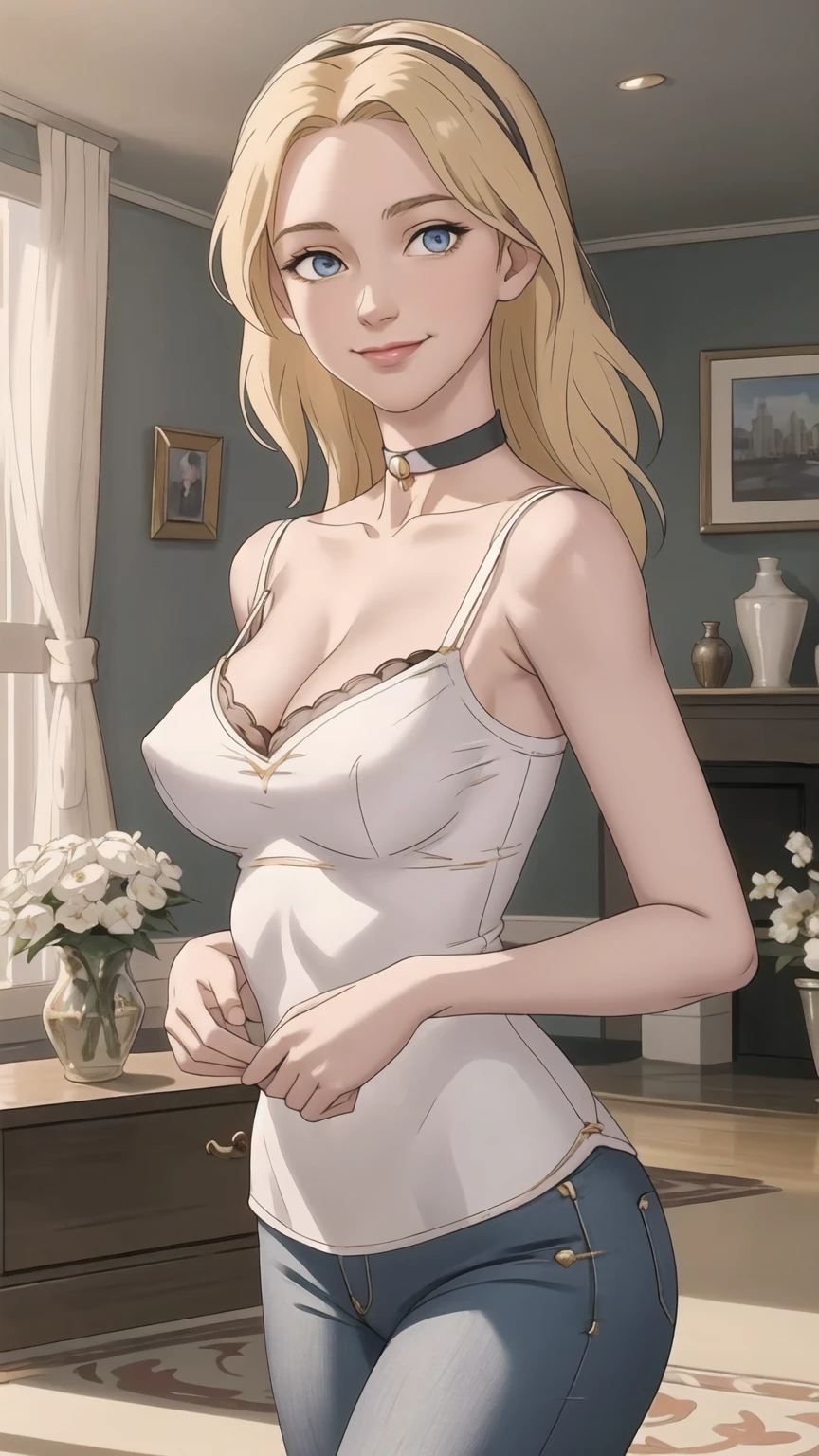 (aesthetic, best quality, masterpiece), feSelena, Lux101, white camisole, jeans, living room, indoors, looking at viewer, cowboy shot, smile, highly detailed eyes, choker, large breasts, perky breasts, looking at viewer, balcony, sheer clothing, closed mouth