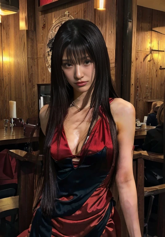 a closeup of a woman in a red dress in a restaurant, in the anime ghost in the shell, revy black lagoon, faye valentin de cowboy bebop, Revy from Black Lagoon, style is a blend of æon flux, seductive anime girl, Rin tohsaka, anime ninja scroll, female anime character, Misato Katsuragi