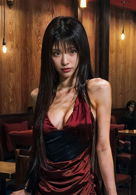 a closeup of a woman in a red dress in a restaurant, in the anime ghost in the shell, revy black lagoon, faye valentin de cowboy bebop, Revy from Black Lagoon, style is a blend of æon flux, seductive anime girl, Rin tohsaka, anime ninja scroll, female anime character, Misato Katsuragi