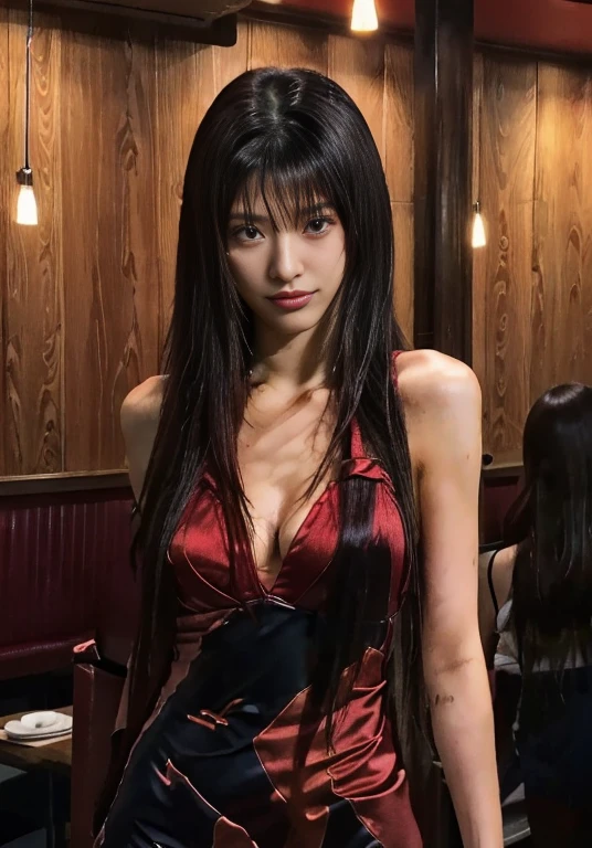 a closeup of a woman in a red dress in a restaurant, in the anime ghost in the shell, revy black lagoon, faye valentin de cowboy bebop, Revy from Black Lagoon, style is a blend of æon flux, seductive anime girl, Rin tohsaka, anime ninja scroll, female anime character, Misato Katsuragi