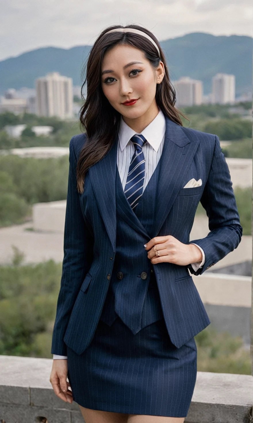 a beautiful picture of fukuharaXL ,woman,detailed skin texture,masterpiece, photorealistic, light, RAW color photo,(fully in frame:1.1), (blush:0.5), (goosebumps:0.5),(((navy pinstripe silk skirt suit))), (((three-piece suit))), (((light blue dress shirt with white collar))), (((necktie))), (((blazer))), (((suit jacket))), ((waistcoat)), double-breasted waistcoat, (((bodycon miniskirt))), pocket square, cufflinks, tie clip,detailed face,outdoors, (smile:0.5), film grain,cinematic lightning,fujifilm ,detailed eyes,camera, smile, office background, hair down, makeup, lipstick, mascara, eyeliner, eyeshadow, silky glossy hair, high heels, pinup pose, slender figure, hairband