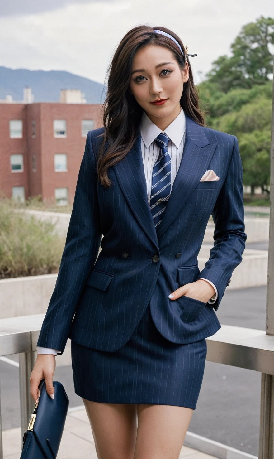 a beautiful picture of fukuharaXL ,woman,detailed skin texture,masterpiece, photorealistic, light, RAW color photo,(fully in frame:1.1), (blush:0.5), (goosebumps:0.5),(((navy pinstripe silk skirt suit))), (((three-piece suit))), (((light blue dress shirt with white collar))), (((necktie))), (((blazer))), (((suit jacket))), ((waistcoat)), double-breasted waistcoat, (((bodycon miniskirt))), pocket square, cufflinks, tie clip,detailed face,outdoors, (smile:0.5), film grain,cinematic lightning,fujifilm ,detailed eyes,camera, smile, office background, hair down, makeup, lipstick, mascara, eyeliner, eyeshadow, silky glossy hair, high heels, pinup pose, slender figure, hairband