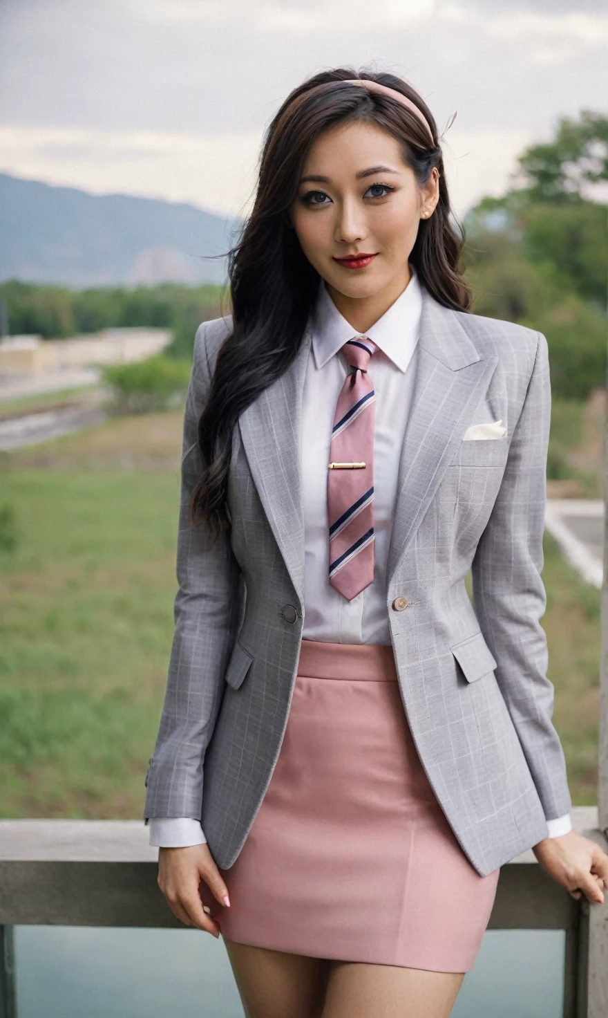 a beautiful picture of fukuharaXL ,woman,detailed skin texture,masterpiece, photorealistic, light, RAW color photo,(fully in frame:1.1), (blush:0.5), (goosebumps:0.5),(((light grey plaid silk skirt suit))), (((three-piece suit))), (((pink dress shirt with white collar))), contrast shirt collar, (((pink necktie))), (((blazer))), (((suit jacket))), (((waistcoat))), double-breasted waistcoat, (((bodycon miniskirt))), pocket square, cufflinks, tie clip,detailed face,outdoors, (smile:0.5), film grain,cinematic lightning,fujifilm ,detailed eyes,camera, smile, office background, hair down, makeup, lipstick, mascara, eyeliner, eyeshadow, silky glossy hair, high heels, pinup pose, hairband