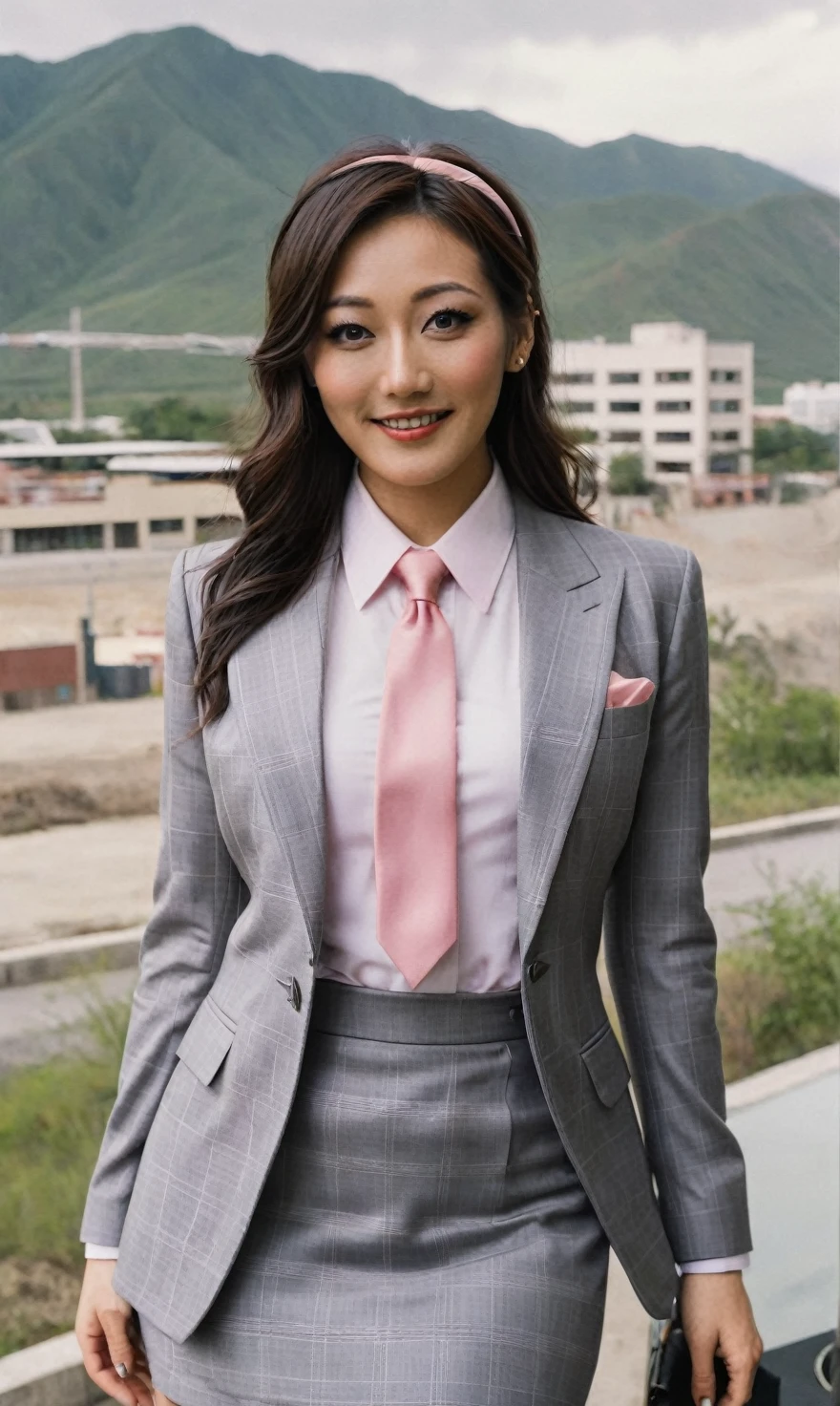 a beautiful picture of fukuharaXL ,woman,detailed skin texture,masterpiece, photorealistic, light, RAW color photo,(fully in frame:1.1), (blush:0.5), (goosebumps:0.5),(((light grey plaid silk skirt suit))), (((three-piece suit))), (((pink dress shirt with white collar))), contrast shirt collar, (((pink necktie))), (((blazer))), (((suit jacket))), (((waistcoat))), double-breasted waistcoat, (((bodycon miniskirt))), pocket square, cufflinks, tie clip,detailed face,outdoors, (smile:0.5), film grain,cinematic lightning,fujifilm ,detailed eyes,camera, smile, office background, hair down, makeup, lipstick, mascara, eyeliner, eyeshadow, silky glossy hair, high heels, pinup pose, hairband