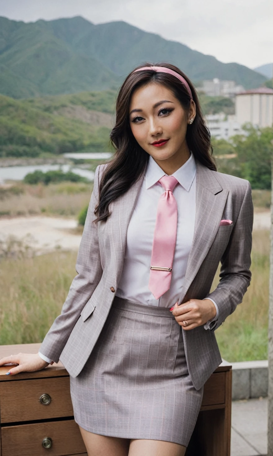 a beautiful picture of fukuharaXL ,woman,detailed skin texture,masterpiece, photorealistic, light, RAW color photo,(fully in frame:1.1), (blush:0.5), (goosebumps:0.5),(((light grey plaid silk skirt suit))), (((three-piece suit))), (((pink dress shirt with white collar))), contrast shirt collar, (((pink necktie))), (((blazer))), (((suit jacket))), (((waistcoat))), double-breasted waistcoat, (((bodycon miniskirt))), pocket square, cufflinks, tie clip,detailed face,outdoors, (smile:0.5), film grain,cinematic lightning,fujifilm ,detailed eyes,camera, smile, office background, hair down, makeup, lipstick, mascara, eyeliner, eyeshadow, silky glossy hair, high heels, pinup pose, hairband